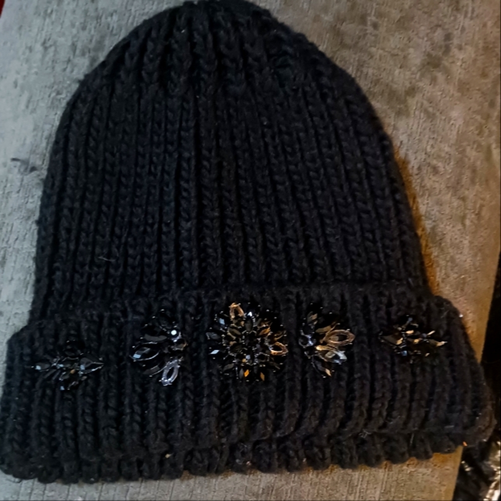Bebe Black Crochet Beaded Beanie